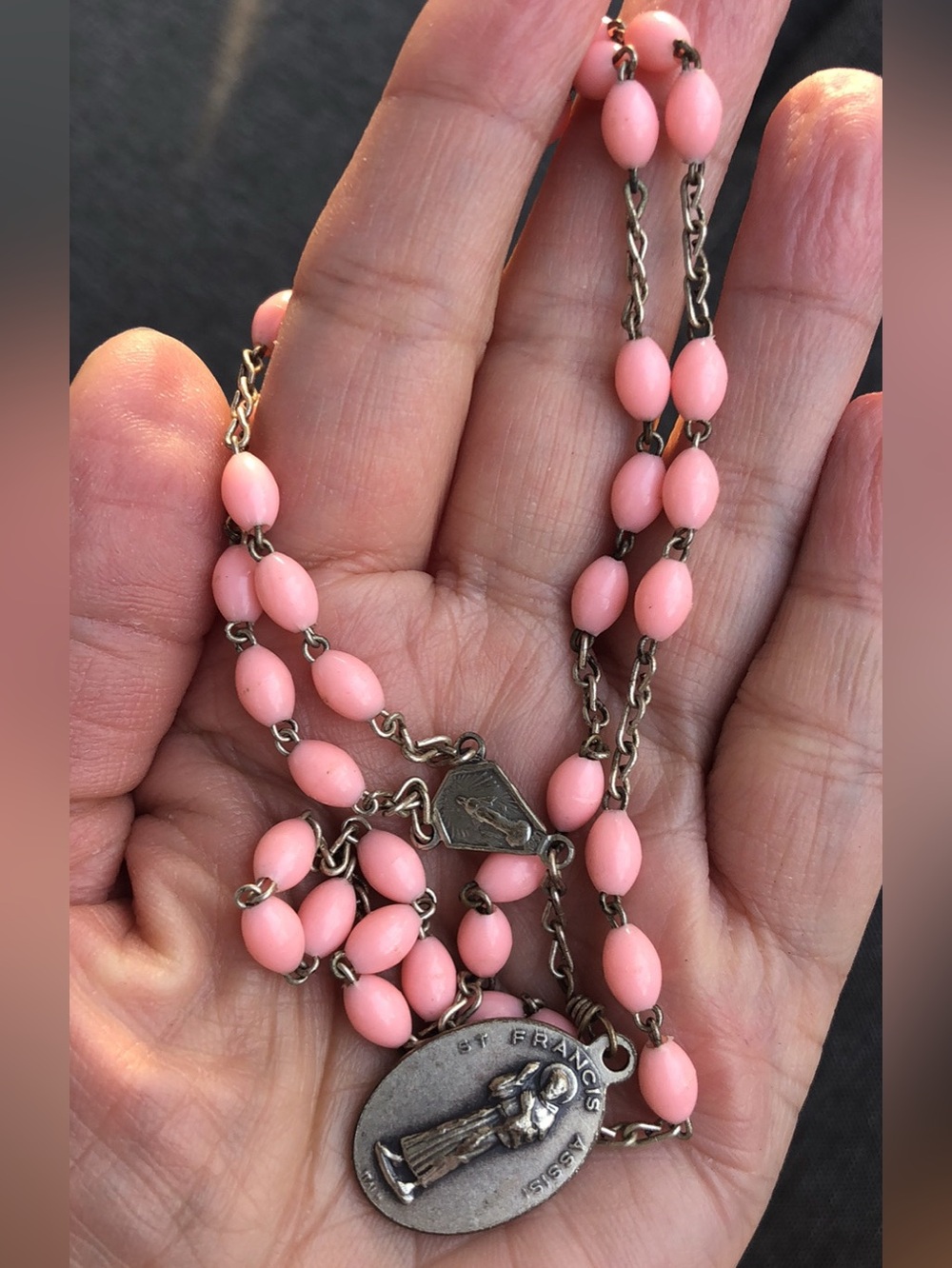 Vintage Pink Bead Saint Francis Medal Necklace from Italy